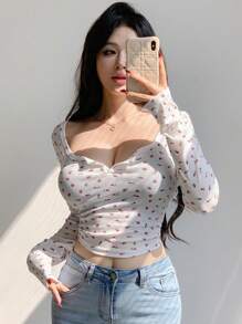 DAZY Floral Printed Half Sleeve Crop Top T-Shirt Long Sleeve Women Tops,Fall Women Clothes