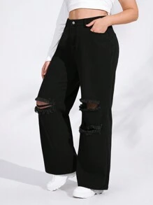 SHEIN EZwear Jeans novio con pierna ancha y rotos de cintura alta talla grande - Negro - Ver 1