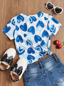 SHEIN 年輕女孩有趣且獨特的心形印花圓領短袖針織舒適休閒t恤 - 藍色 - 查看 2