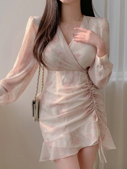 DAZY Vestido de mujer con estampado floral y cuello en V, con volantes, ropa de vuelta al colegio, vestido de manga larga para otoño