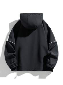 Men's Letter Print Striped Zip Front Hooded Jacket, Fall - Black - View 2