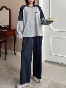 DAZY Ladies' Contrast Insert Raglan Long Sleeve Top & Pants Set With Letter Printed For Home Wear Pajama - Navy Blue - View 4