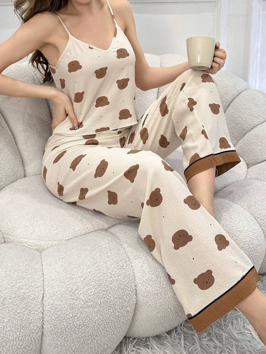 Bear Print V-Neck Cami Top And Pants Pajama Set - Multicolor - View 1