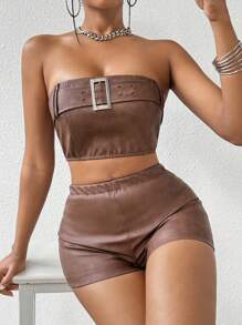 Zolique Frauen Tube-top Mit Metallschnalle - Braun - Übersicht 4