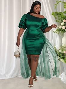 Plus Puff Sleeve Mesh Overlay Dress - Dark Green - View 5
