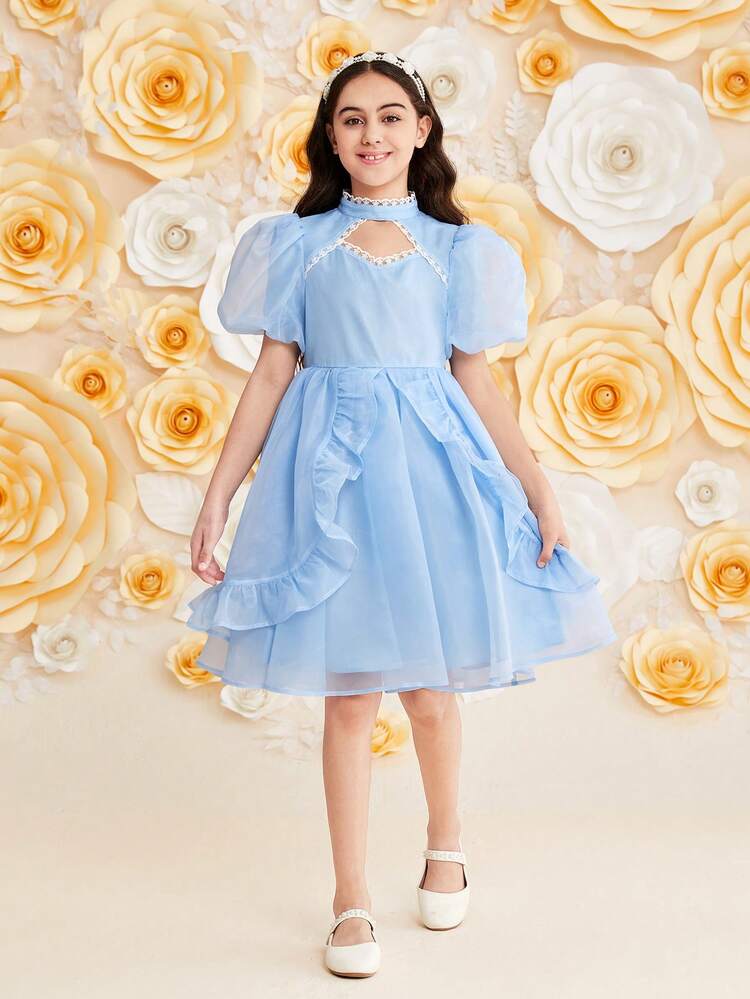 Tween Girl Cute Stand Collar Cut-Out Design Bubble Sleeve Ruffle Hem Dress