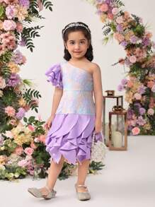 SHEIN Robe De Fille D'adolescent Lâche, Mignonne Et Vintage À Volants Obliques Et Épaules, Style De Palais - Prune - Voir 4