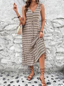 SHEIN Clasi Vestido de mujer sin mangas con estampado geométrico y bajo con volantes, atuendo de mujer maxi