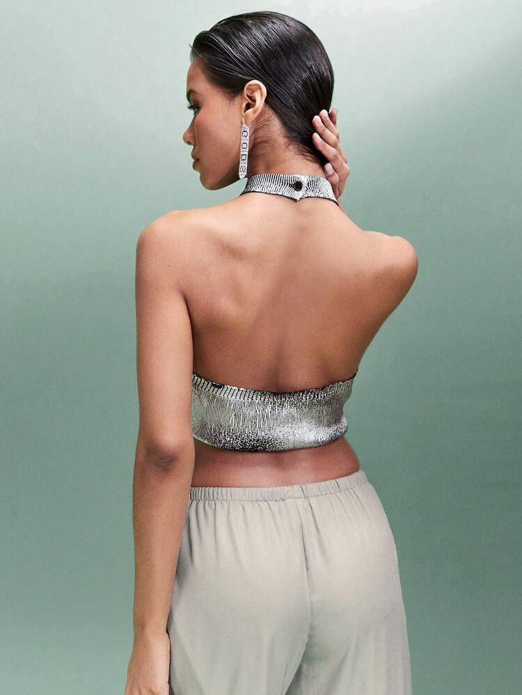 Silver Foil Cropped Halter Knit Top, Suitable For Spring Daily Wear, Festival Party, Single Gathering, Date Night, Music Festival, Performance And Nightclub