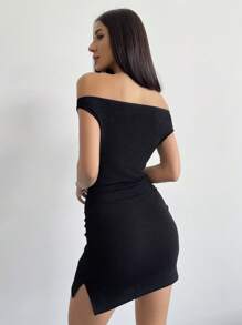 Aloruh Women's Off-Shoulder Ruched Bodycon Dress With Slit Detail - Black - View 2