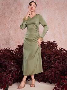 Modelyn Vestido largo de noche con dobladillo plisado y puños de manga esponjosos en color liso para mujeres