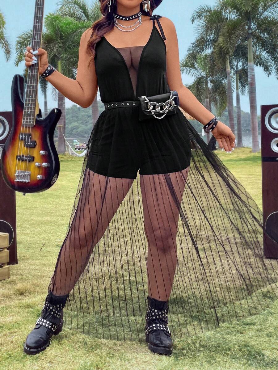 PUNK Plus Size Sleeveless Net Overlay Knot Shoulder Cami Dress Without Belt - Black - View 1