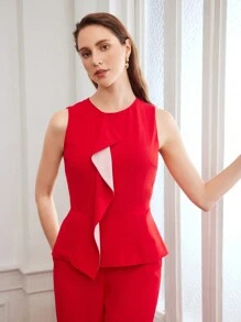 MOTF PREMIUM Colete Ajustado E Tecido Com Detalhe De Babado - Vermelho - Visão 8