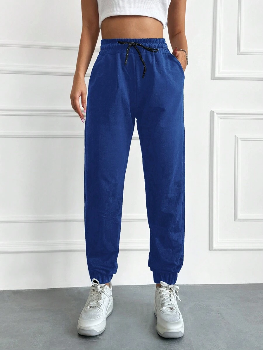 RueChic Solid Drawstring Waist Slant Pocket Sweatpants - Blue - View 1
