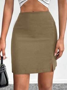 EURMUSE 女款純色高開衩下擺半身裙