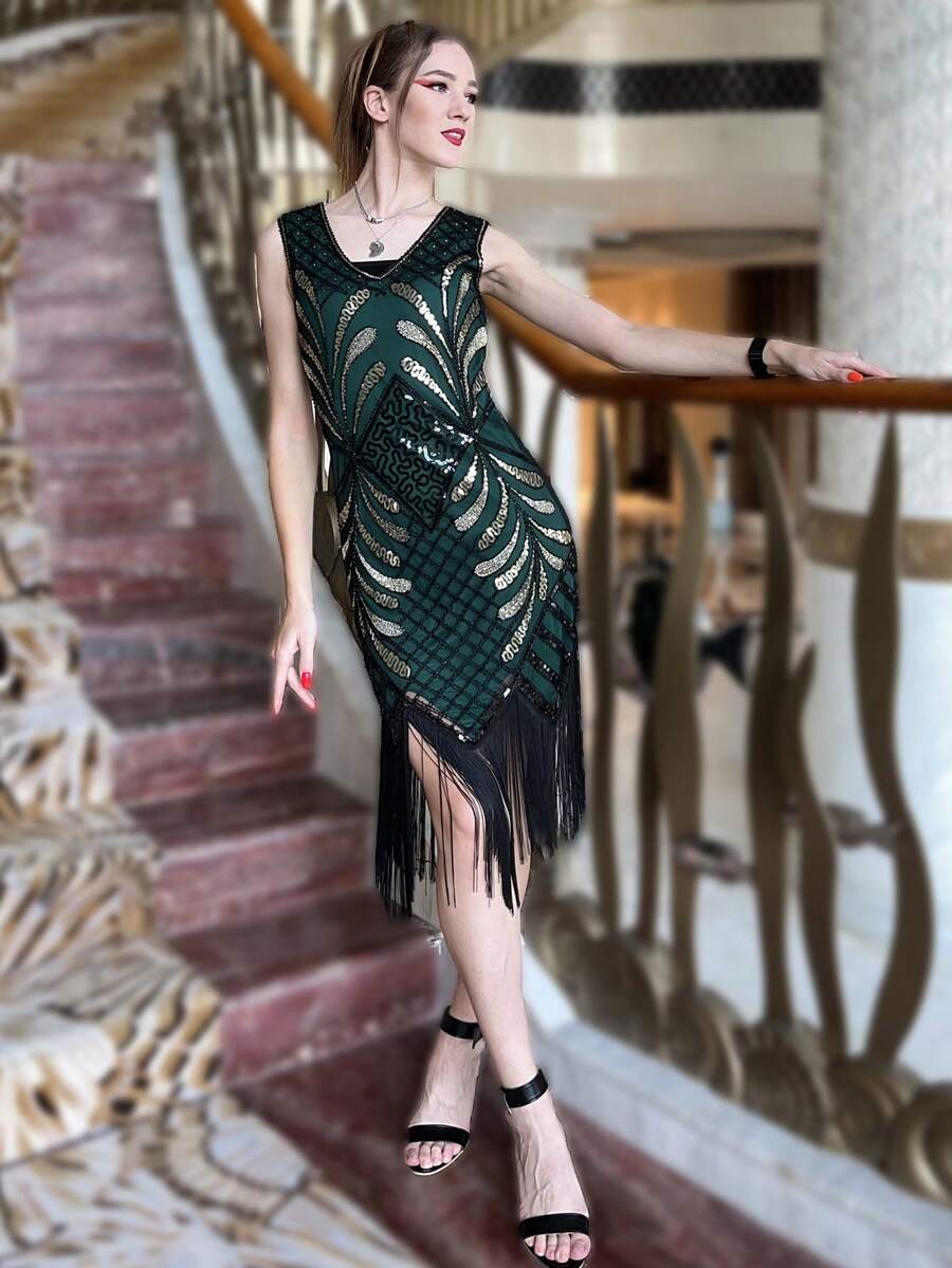 ANGEL FASHIONS 1920S Retro Cổ chữ V Kim sa Thêu Viền tua Đầm Party - màu xanh lá - Xem 1