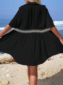 Swim Vcay 1 pieza Kimono con panel de bloques de color y botones de estilo alto bajo para playa de verano - Negro - Ver 2