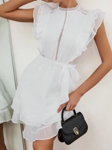 Breezaya High Neck Multi-Layer Ruffle Trim Waist Cinched Dress