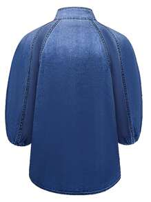 Women's Stand Collar Short Puff Sleeve Denim Blouse - Navy Blue - View 3