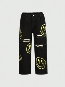 SHEIN Explorewe 女童直筒牛仔褲,有破洞設計和印有笑臉的圖案 - 黑色 - 查看 1