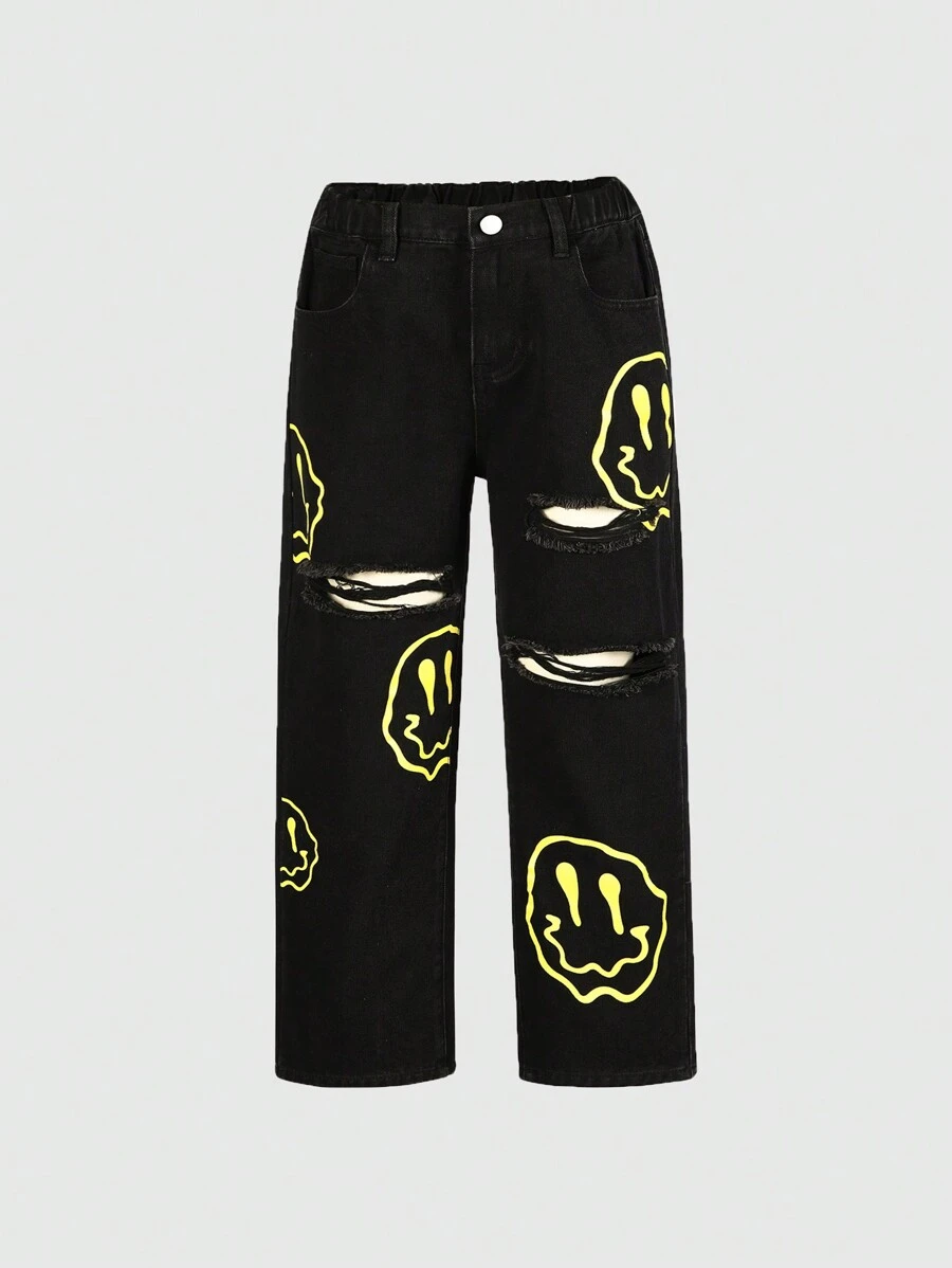 SHEIN Explorewe 女童直筒牛仔褲,有破洞設計和印有笑臉的圖案 - 黑色 - 查看 1