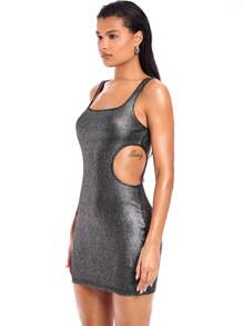 SHEIN BAE Spring/Summer Square Neck Metallic Bodycon Dress With Silver Foil And Cutouts On Sides. Suitable For Festivals, Country Parties, Single Parties, Concerts, Daily Wear And Nightclubs. - Black - View 5