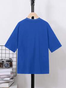 SHEIN Tween Boys' Gothic Style Printed Knitted Oversized Crew Neck Sweatshirt With Ribbed Collar, Casual - Royal Blue - View 2