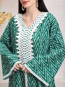 Al Najma Women's Zigzag Pattern Embroidered Turkish Tunic Kaftan Jalabiya Dress - Green - View 5