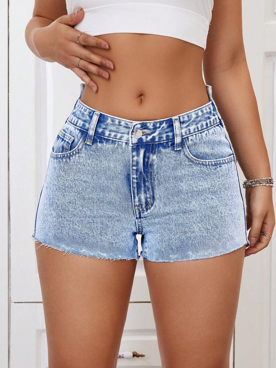 SHEIN ICON Asymmetrical Waistline Water Wash Denim Shorts - Medium Wash - View 1