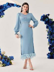 Modelyn Embroidered Patchwork Split Feather Hem Dress Long Evening Dresses Fall Cloth For Women - Blue - View 8