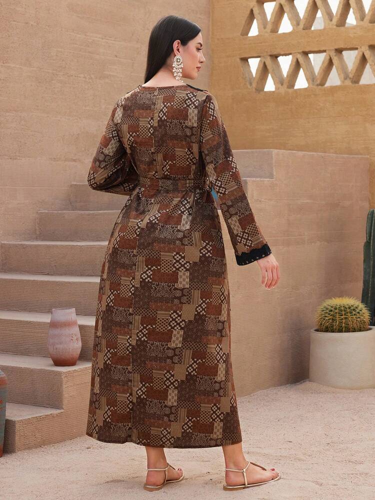 Ladies' Full Printed Lace Spliced Arabic Style Dress