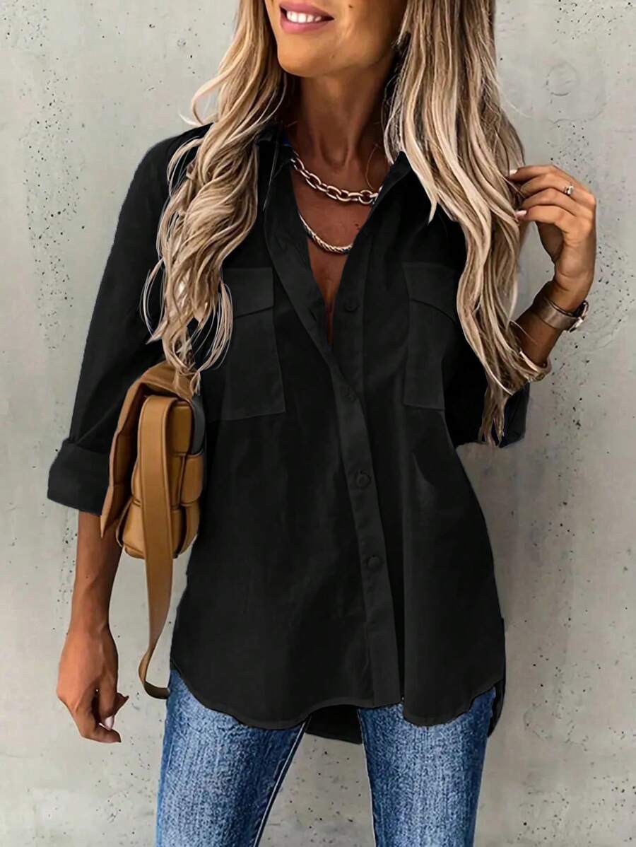 INAWLY Women's Solid Color Button-Front Shirt,Long Sleeve Tops Fall Cloth For Women - Black - View 1