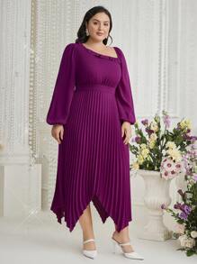 Modelyn 大码女式褶皱不对称领口连衣裙，婚礼宾客连衣裙 - 紫色 - 查看 6