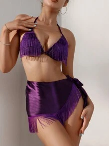 SHEIN Swim Conjunto de bikini con cuello de halter y flecos para mujer, para la playa de verano - Morado Violeta - Ver 4