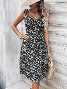 SHEIN VCAY Floral Print Knot Shoulder Cami Sundress - Black - View 5
