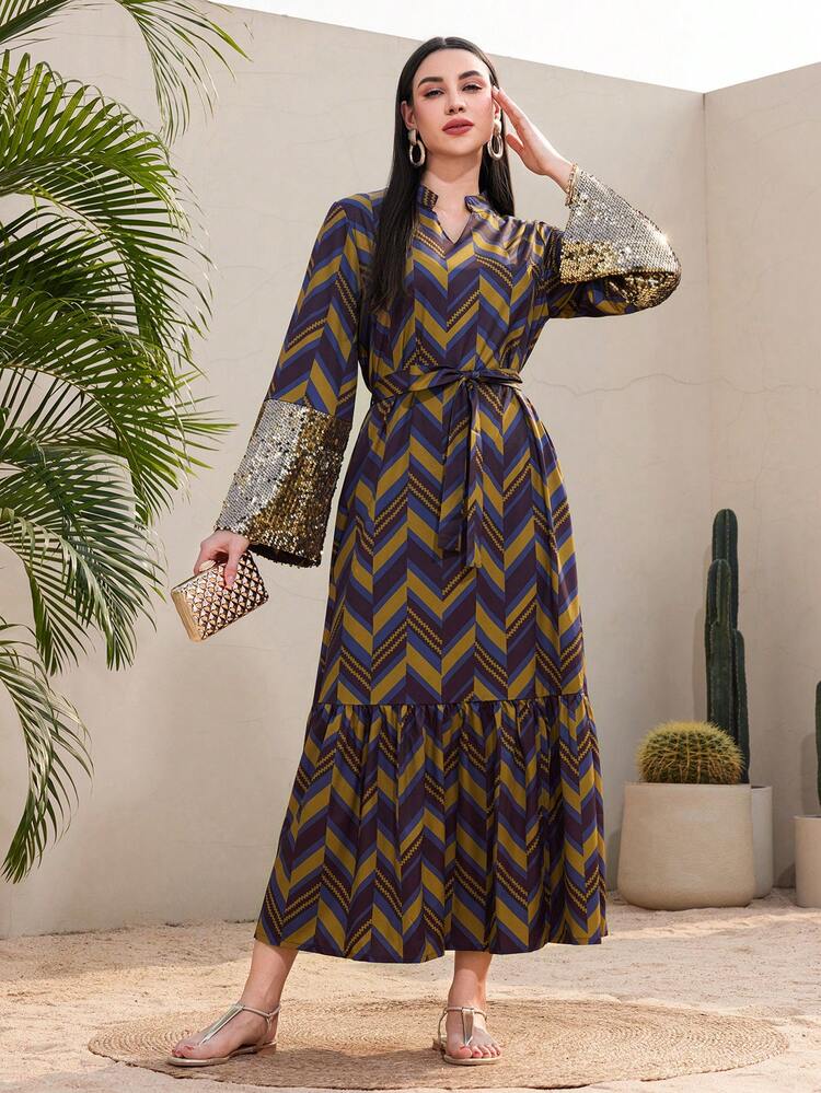 Ladies' Geometric Pattern Sequined Patchwork Dress