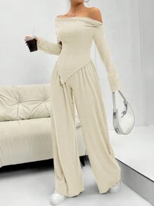 SHEIN Unity Bộ đồ hai mảnh áo và quần cổ bất đối xứng có gân màu trơn - Màu be - Xem 4