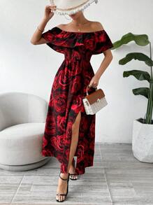 Breezaya Valentine's Day Women's Red Floral Off-Shoulder Shirred Decorated Romantic Holiday Dress For New Year Clothes Maxi Women Outfit - Red - View 5