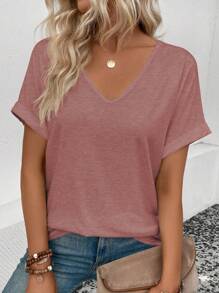 SHEIN LUNE T-shirt Mit Fledermausärmeln Und V-ausschnitt Für Damen - Rostige Rose - Übersicht 1