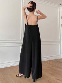 DAZY Của phụ nữ Màu thuần Lỏng lẻo phù hợp Áo liền quần ống rộng Với Dây đai - màu đen - Xem 2