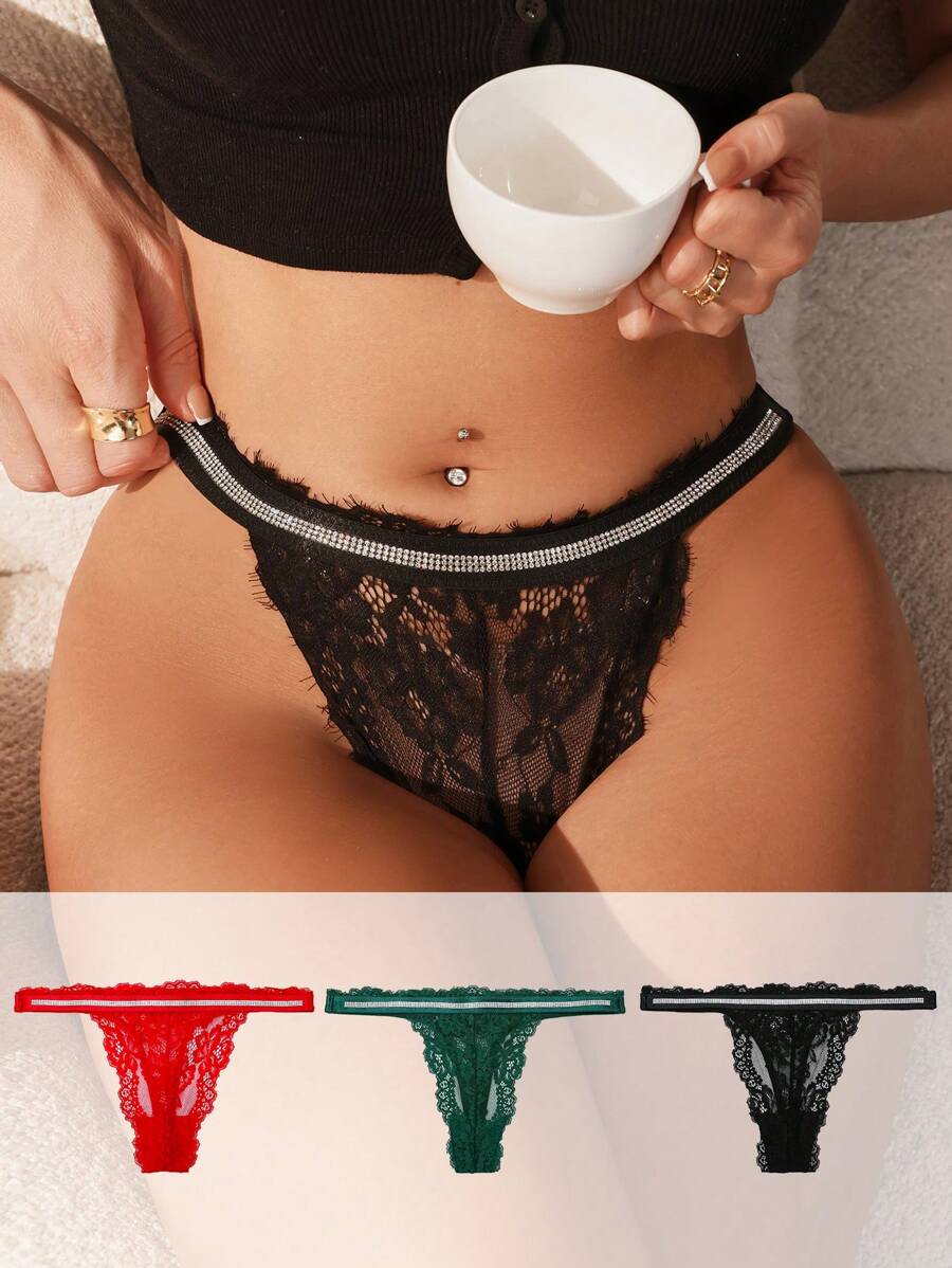 SHEIN Women's Rhinestone Decoration Elastic Lace Thong ,3 Pcs - Multicolor - View 1