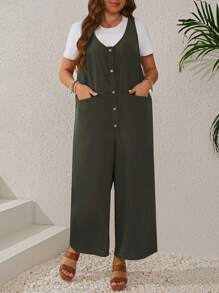 EMERY ROSE Plus Size Women'S Olive Green Jumpsuit With Buttoned Front, Split Design And Pockets - Army Green - View 5