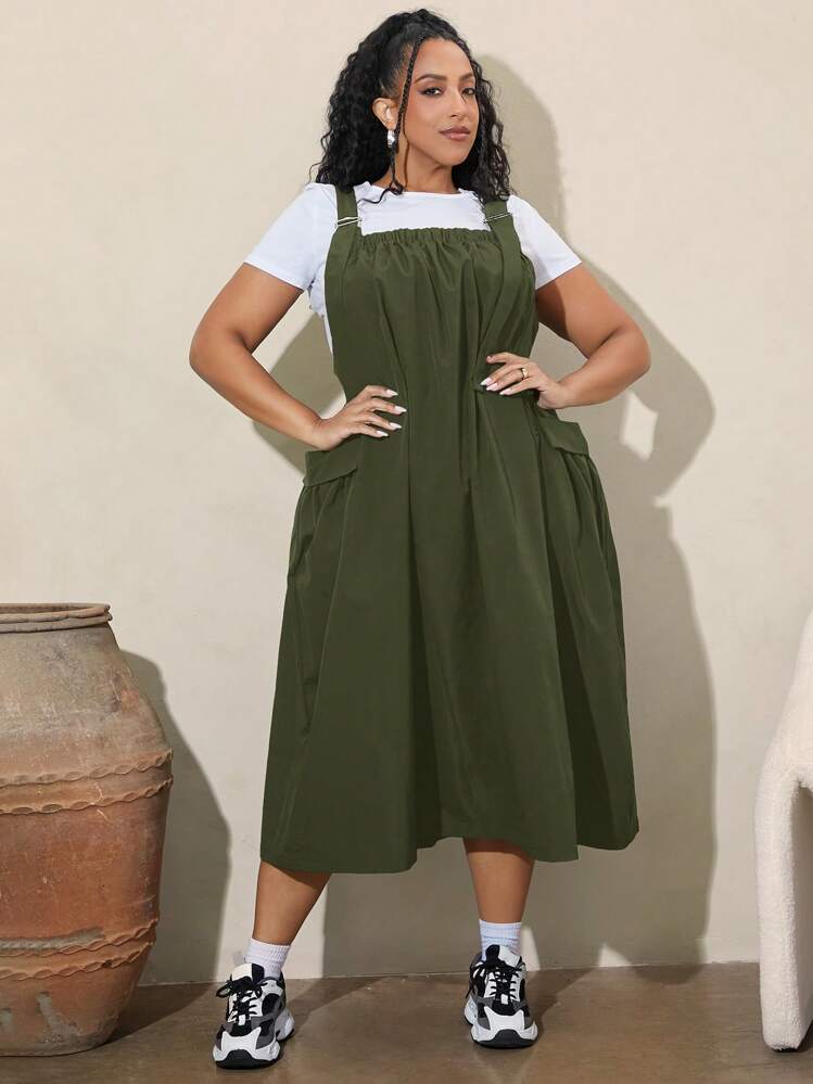 green overall dress Honey Plus Size Plaid Wide Strap sleeve tee when the weather cools down Olive green overall dress |