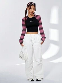 SHEIN Qutie Của phụ nữ Hai âm Tay Raglan Quần skinny Áo thun Với Puff Đôi vai - Nhiều màu - Xem 4