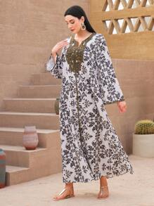 Al Najma Printed Patchwork Water Soluble Lace Notch Neck Jalabiya - Multicolor - View 4