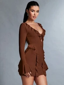 SHEIN BAE 女性荷葉邊修身洋裝 - 咖啡棕 - 查看 5