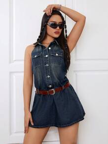 SHEIN ICON Sleeveless Denim Shirt Dress, Washed - Dark Wash - View 1