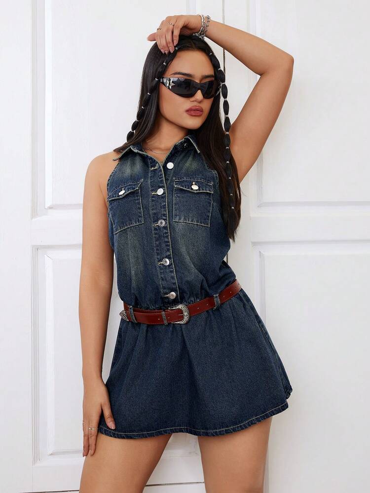 Sleeveless Denim Shirt Dress, Washed