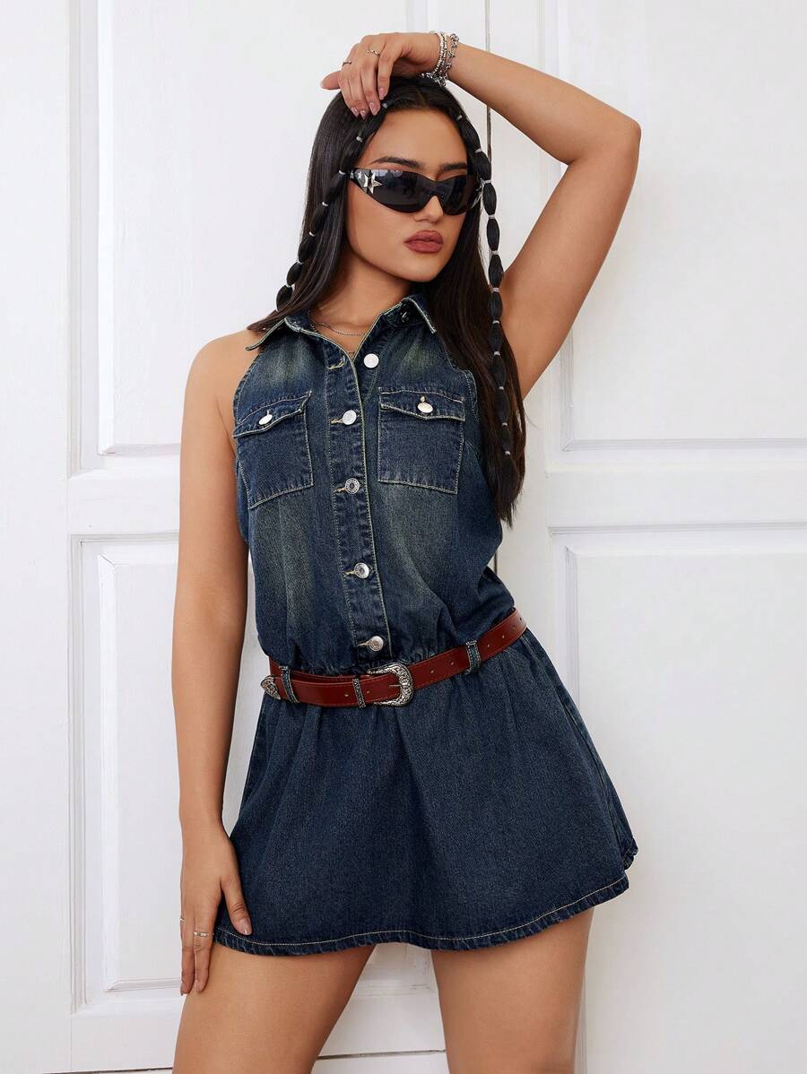 SHEIN ICON Sleeveless Denim Shirt Dress, Washed - Dark Wash - View 1