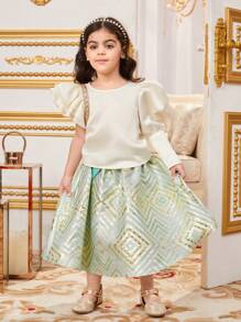 SHEIN Conjunto de blusa con volantes y falda con cuello redondo para niña joven hermosa - Multicolor - Ver 5